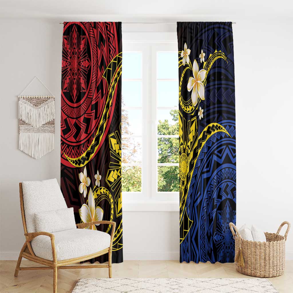 Philippines Spirit Tribal Sun Plumeria Window Curtain Red And Blue Polynesian Pattern