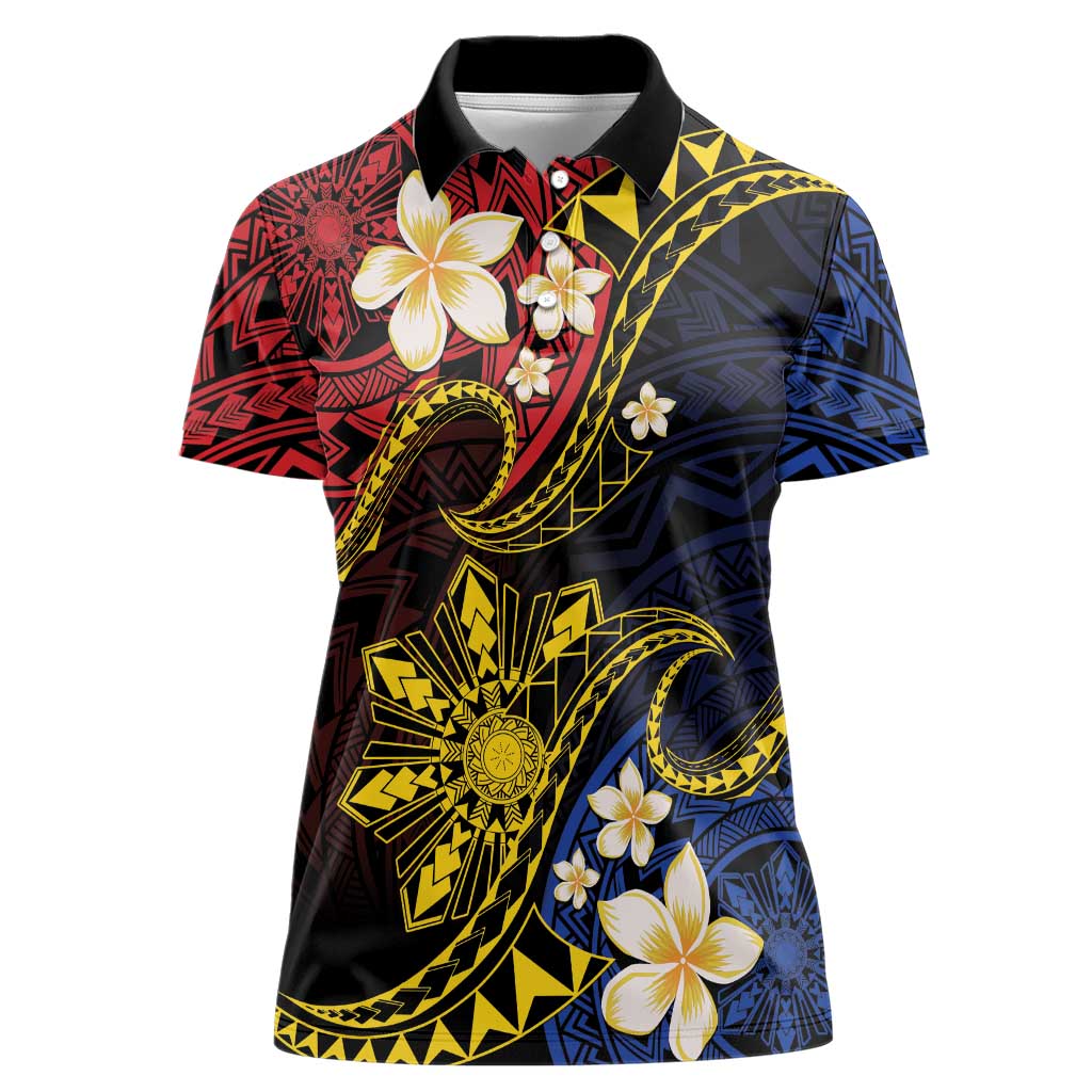 Philippines Spirit Tribal Sun Plumeria Women Polo Shirt Red And Blue Polynesian Pattern