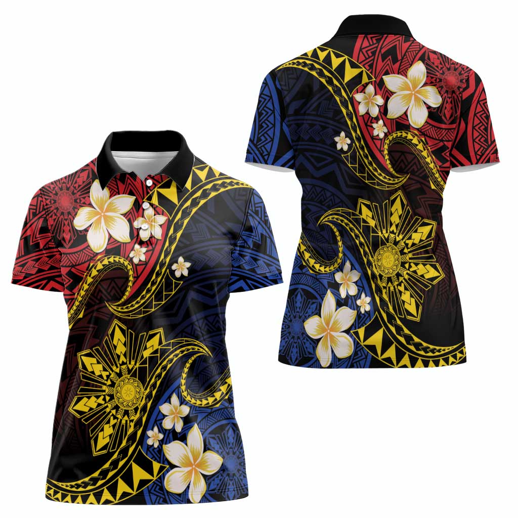 Philippines Spirit Tribal Sun Plumeria Women Polo Shirt Red And Blue Polynesian Pattern