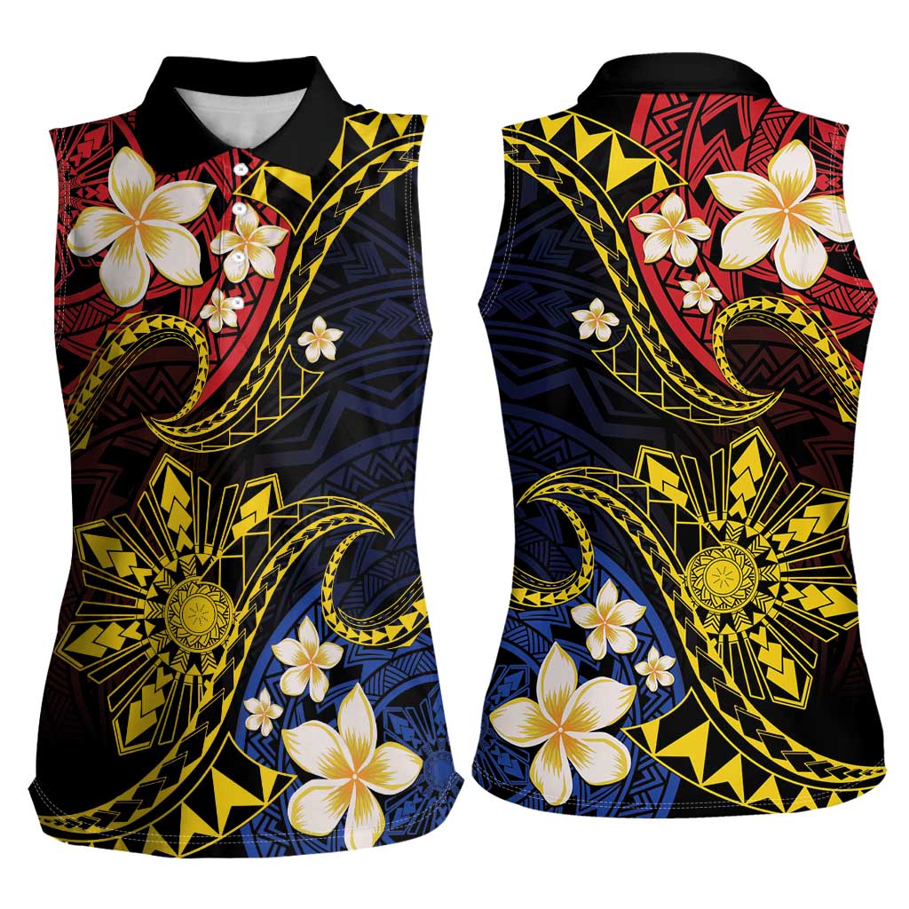 Philippines Spirit Tribal Sun Plumeria Women Sleeveless Polo Shirt Red And Blue Polynesian Pattern