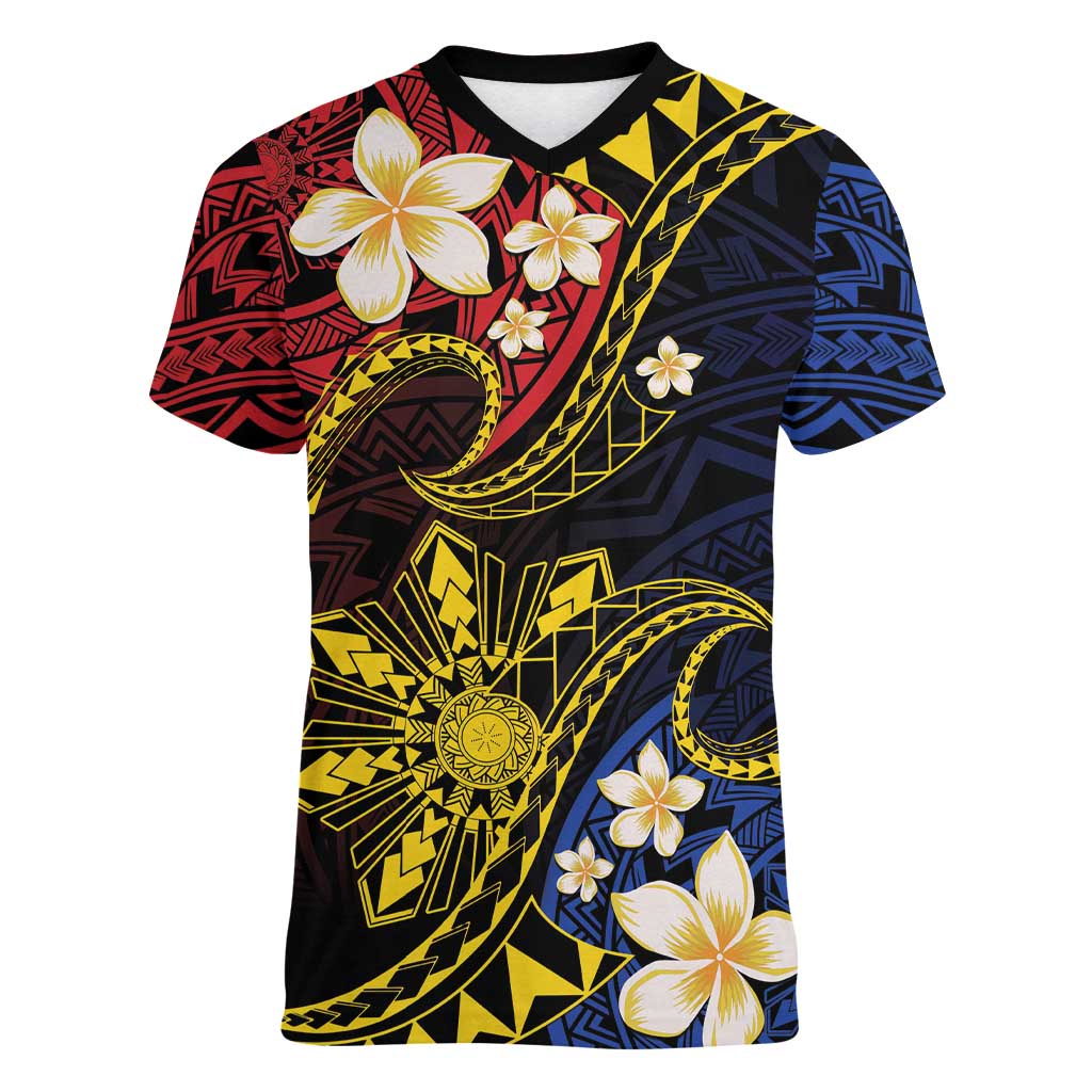 Philippines Spirit Tribal Sun Plumeria Women V-Neck T-Shirt Red And Blue Polynesian Pattern