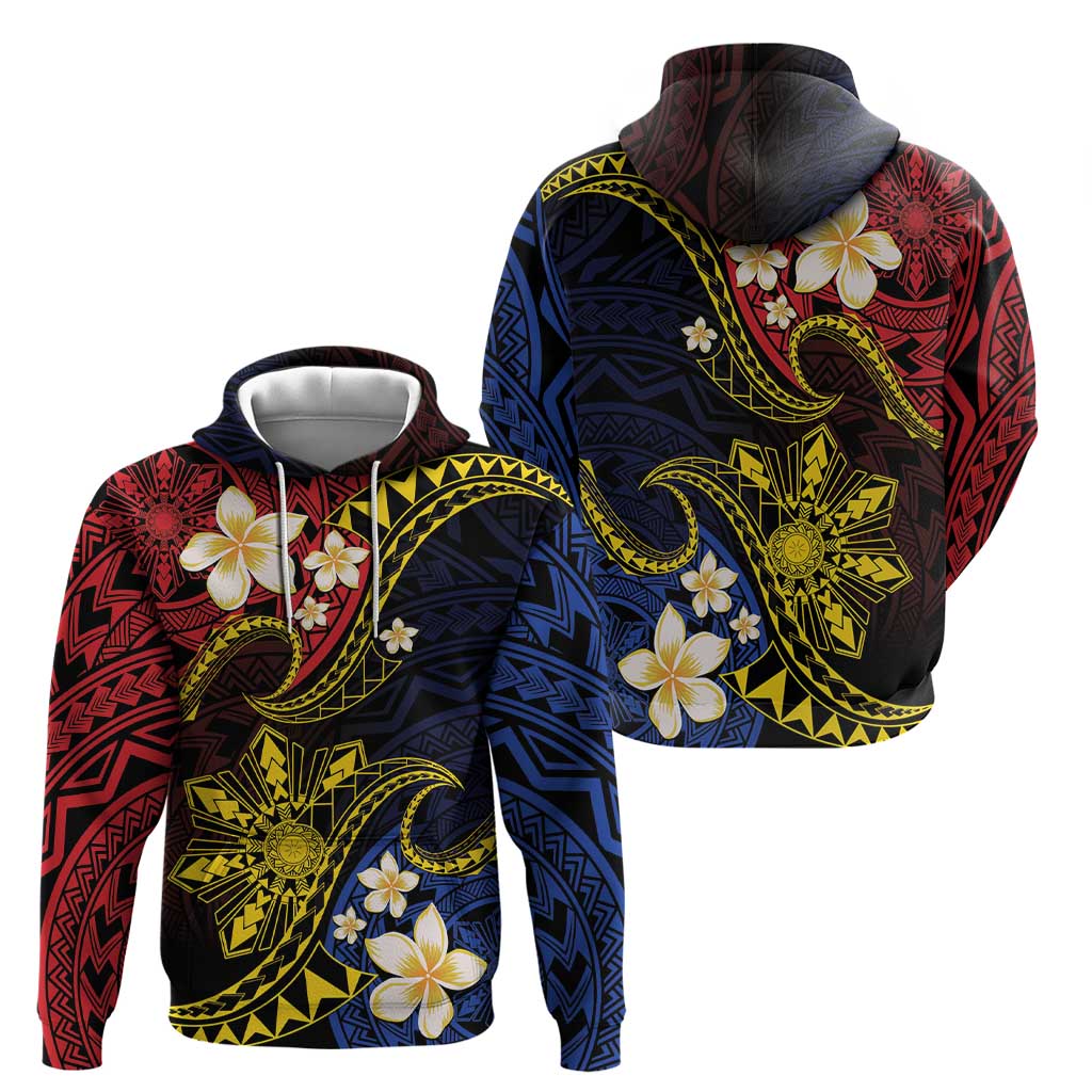 Philippines Spirit Tribal Sun Plumeria Zip Hoodie Red And Blue Polynesian Pattern