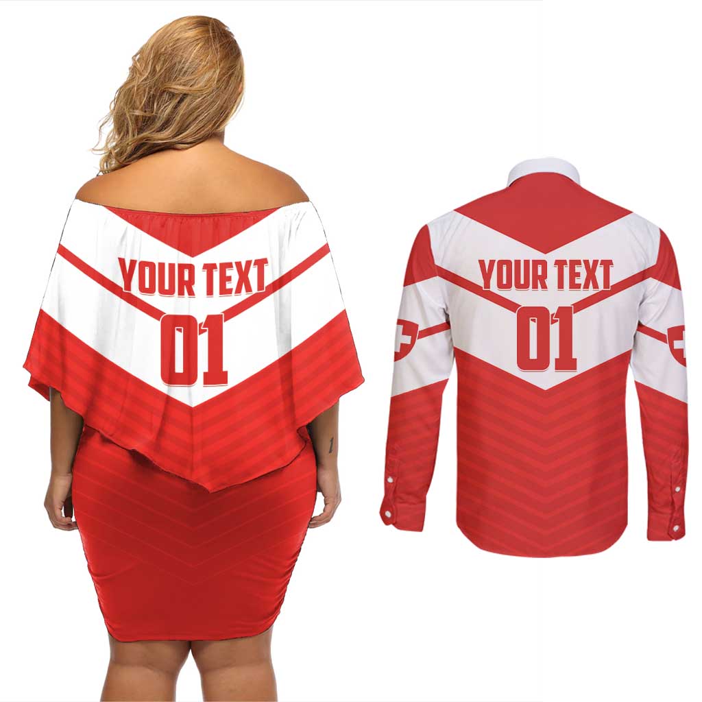 Custom Switzerland 2024 Football Couples Matching Off Shoulder Short Dress and Long Sleeve Button Shirt Rossocrociati Go Champions - Wonder Print Shop