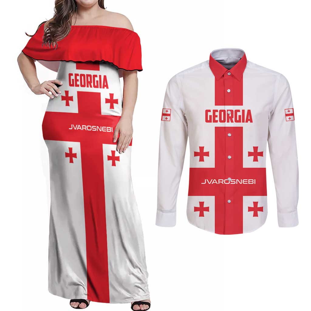 Custom Georgia 2024 Football Couples Matching Off Shoulder Maxi Dress and Long Sleeve Button Shirt Come On Sakartvelo - Wonder Print Shop