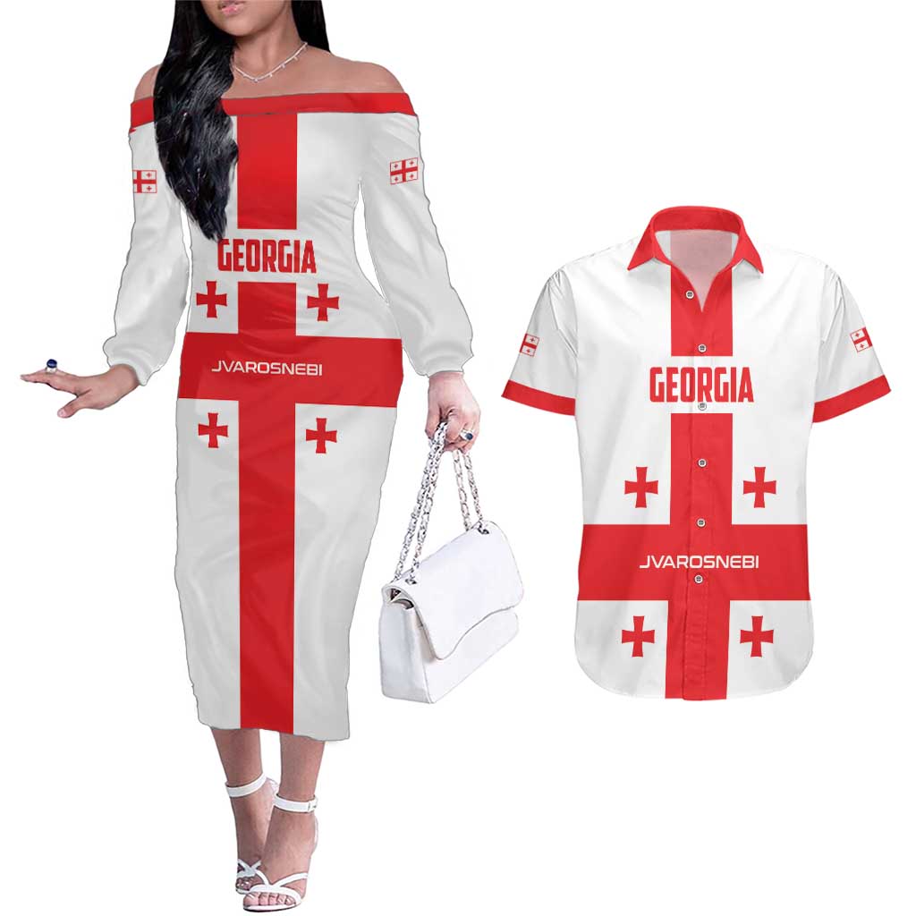 Custom Georgia 2024 Football Couples Matching Off The Shoulder Long Sleeve Dress and Hawaiian Shirt Come On Sakartvelo - Wonder Print Shop