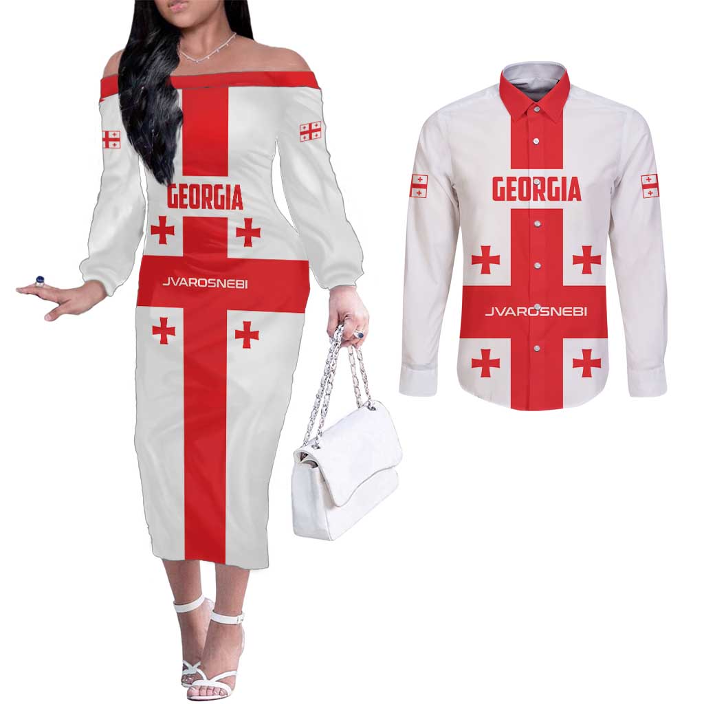 Custom Georgia 2024 Football Couples Matching Off The Shoulder Long Sleeve Dress and Long Sleeve Button Shirt Come On Sakartvelo