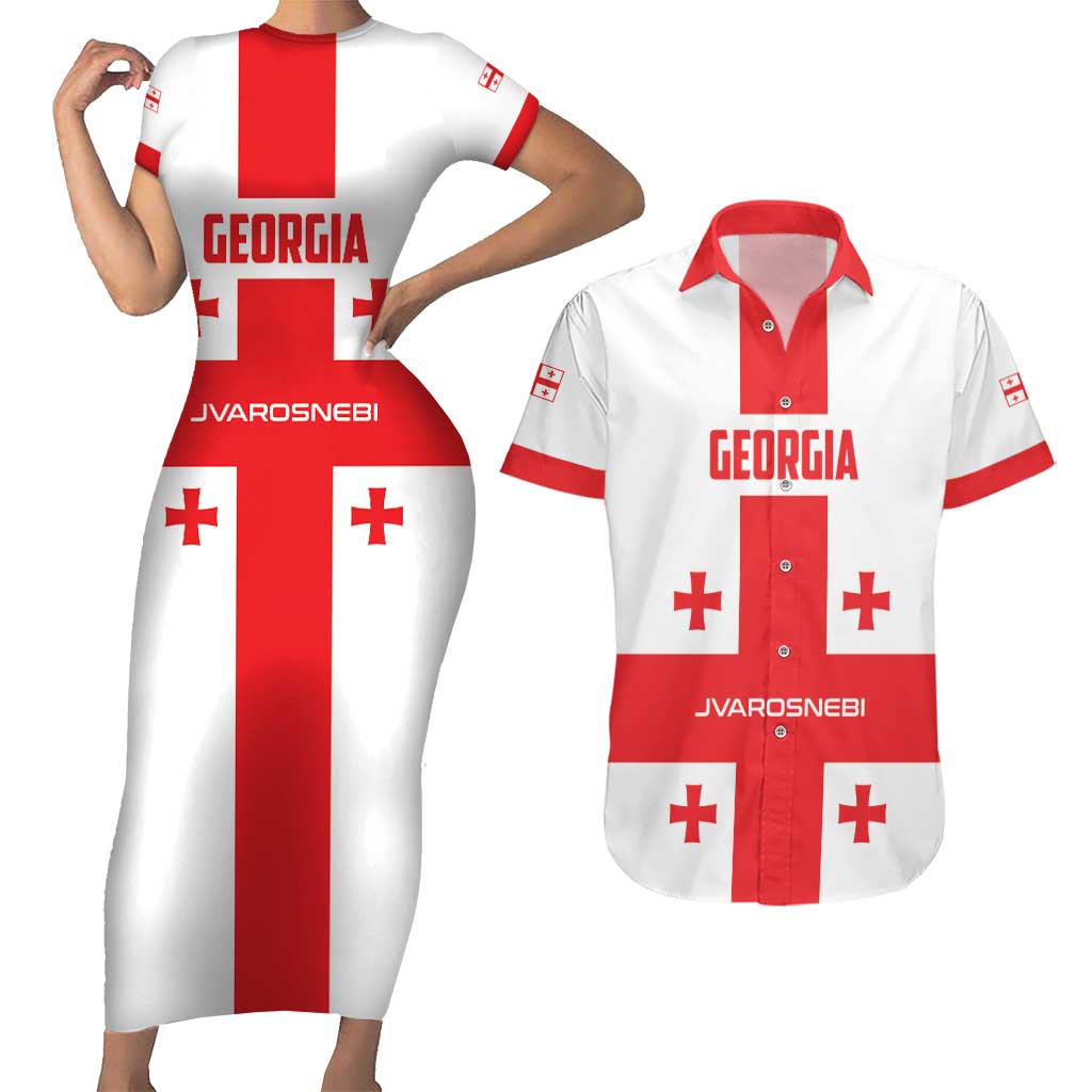 Custom Georgia 2024 Football Couples Matching Short Sleeve Bodycon Dress and Hawaiian Shirt Come On Sakartvelo - Wonder Print Shop