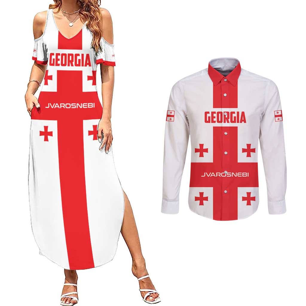 Custom Georgia 2024 Football Couples Matching Summer Maxi Dress and Long Sleeve Button Shirt Come On Sakartvelo - Wonder Print Shop