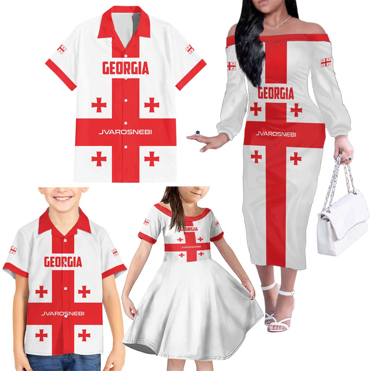 Custom Georgia 2024 Football Family Matching Off The Shoulder Long Sleeve Dress and Hawaiian Shirt Come On Sakartvelo - Wonder Print Shop