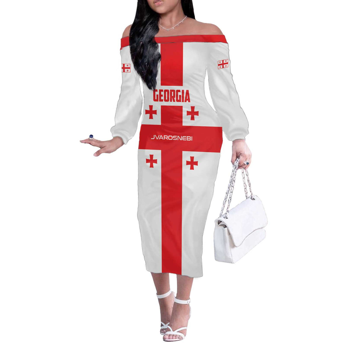 Custom Georgia 2024 Football Off The Shoulder Long Sleeve Dress Come On Sakartvelo - Wonder Print Shop