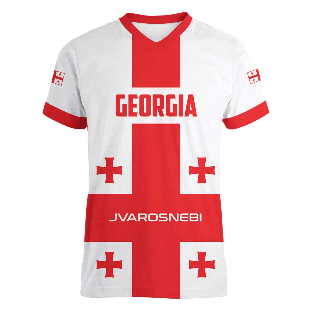 Custom Georgia 2024 Football Women V-Neck T-Shirt Come On Sakartvelo - Wonder Print Shop