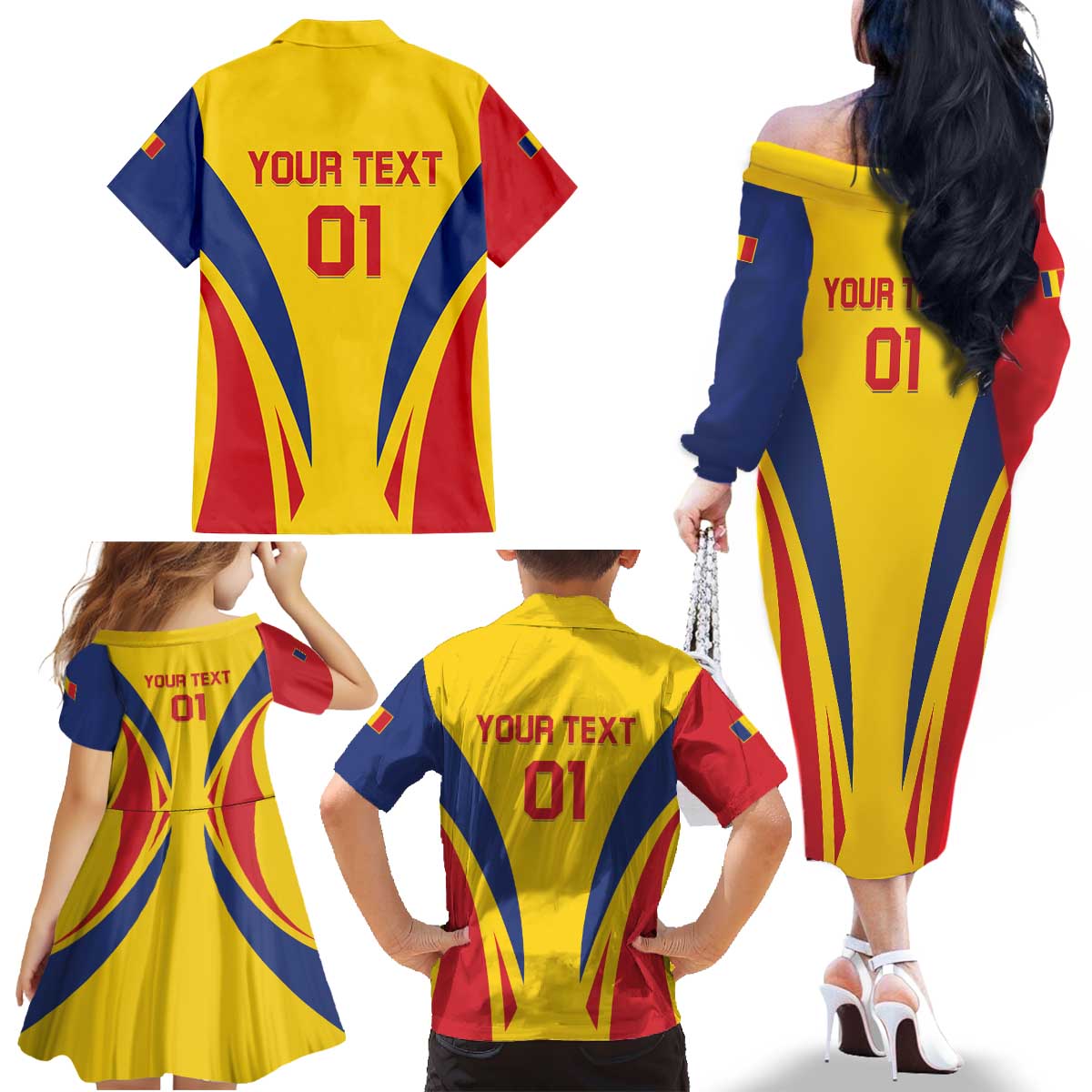 Custom Romania 2024 Football Family Matching Off The Shoulder Long Sleeve Dress and Hawaiian Shirt Come On Tricolorii - Wonder Print Shop