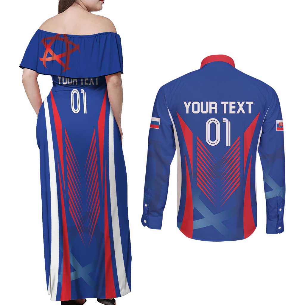 Custom Slovakia 2024 Football Couples Matching Off Shoulder Maxi Dress and Long Sleeve Button Shirt Slovenska Sokoli - Wonder Print Shop