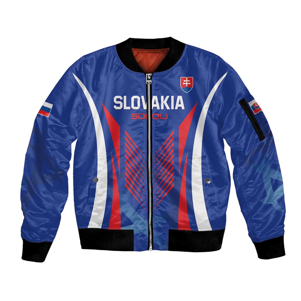 Custom Slovakia 2024 Football Sleeve Zip Bomber Jacket Slovenska Sokoli - Wonder Print Shop