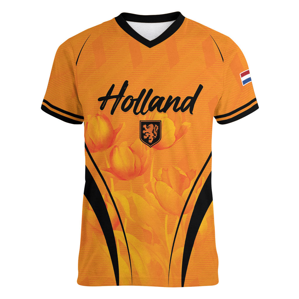 Custom Holland 2026 World Football Women V-Neck T-Shirt Oranje Go Champions