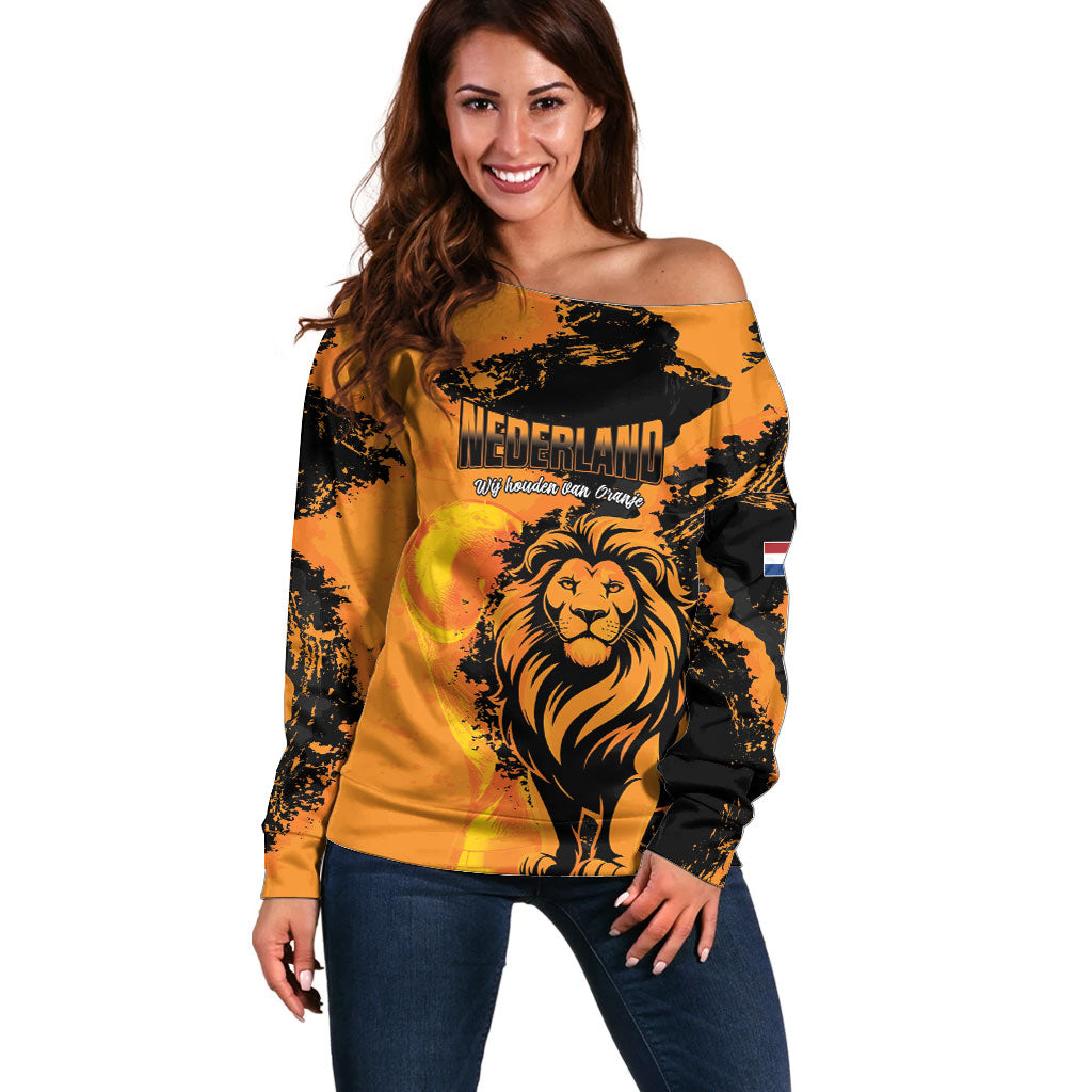 Custom Nederland 2026 World Football Off Shoulder Sweater Oranje Lions Go Champions