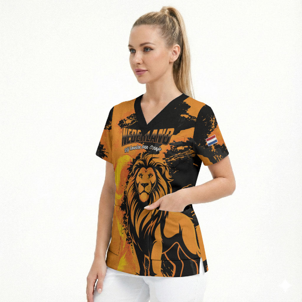 Custom Nederland 2026 World Football Scrub Top Oranje Lions Go Champions