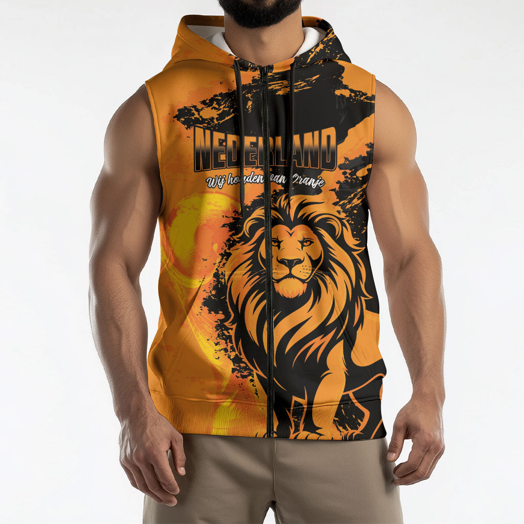Custom Nederland 2026 World Football Sleeveless Zip Hoodie Oranje Lions Go Champions