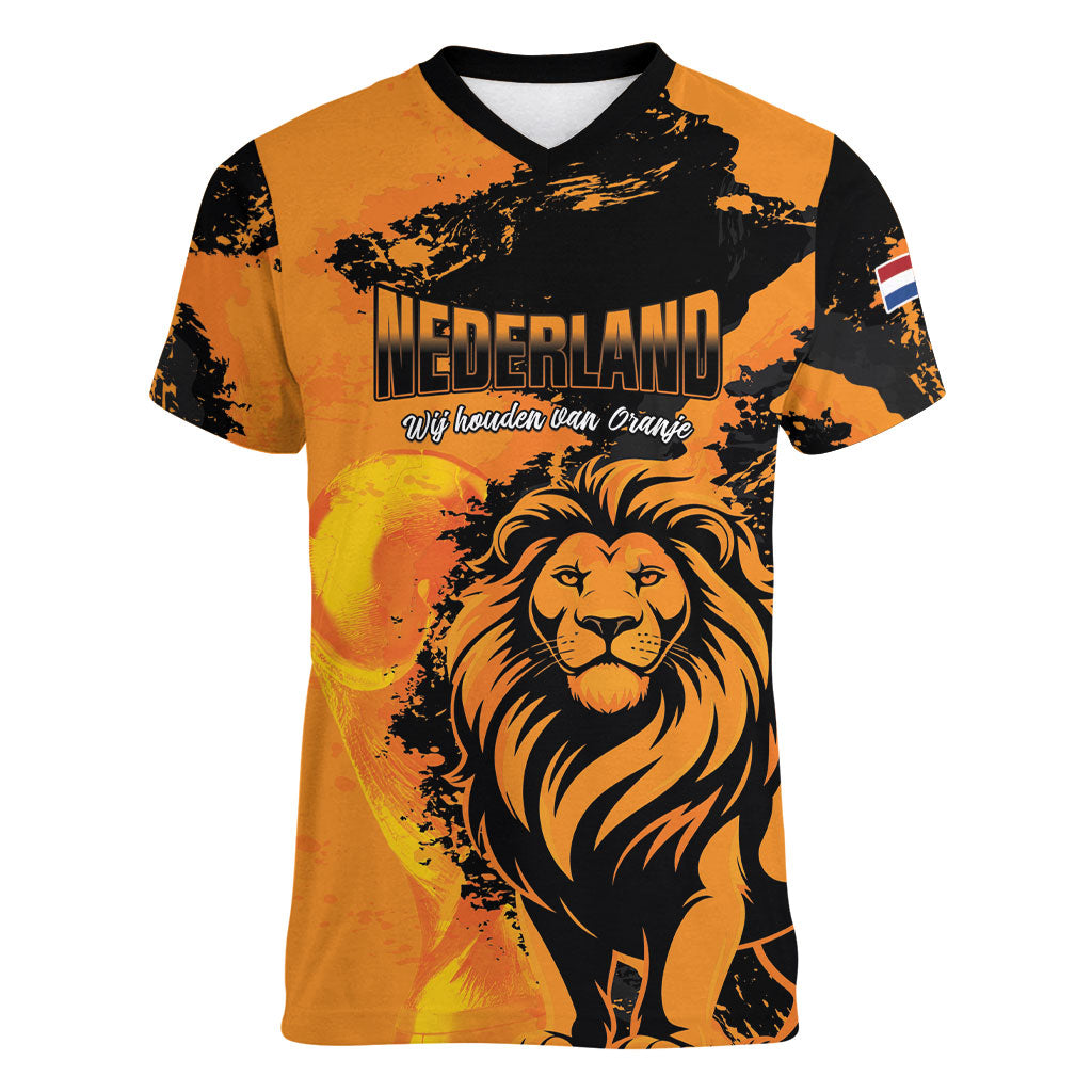 Custom Nederland 2026 World Football Women V-Neck T-Shirt Oranje Lions Go Champions