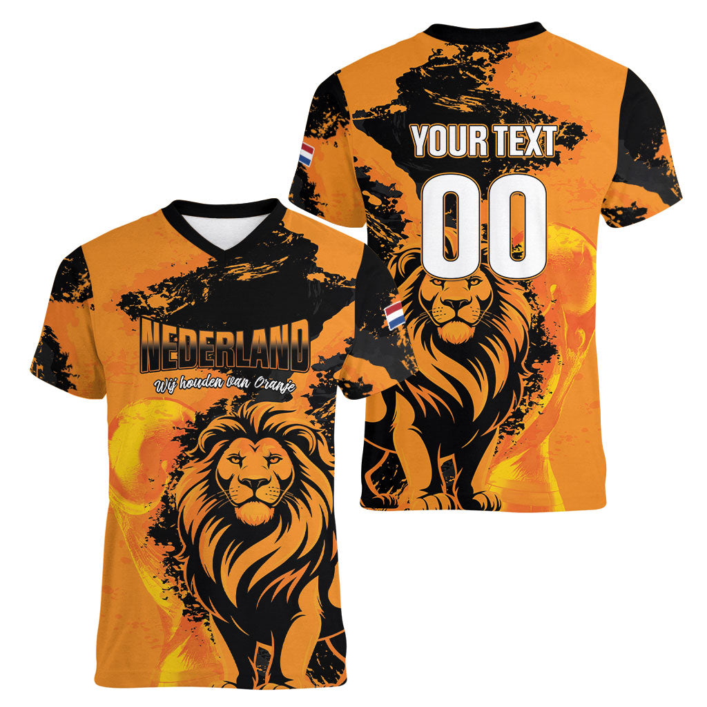 Custom Nederland 2026 World Football Women V-Neck T-Shirt Oranje Lions Go Champions