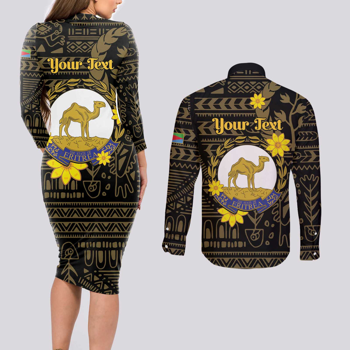 Enkutatash Eritrea New Year Couples Matching Long Sleeve Bodycon Dress and Long Sleeve Button Shirt Eritrean Camel African Pattern - Wonder Print Shop
