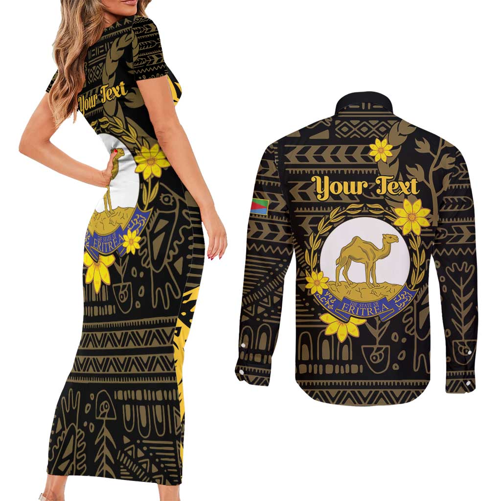 Enkutatash Eritrea New Year Couples Matching Short Sleeve Bodycon Dress and Long Sleeve Button Shirt Eritrean Camel African Pattern - Wonder Print Shop