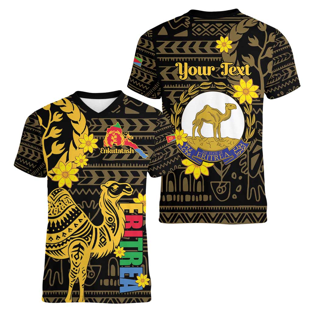 Enkutatash Eritrea New Year Women V-Neck T-Shirt Eritrean Camel African Pattern - Wonder Print Shop