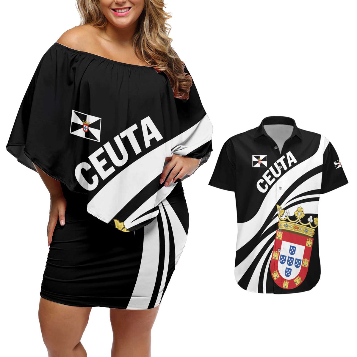 Ceuta Day Couples Matching Off Shoulder Short Dress and Hawaiian Shirt Dia de Ceuta 2024 - Wonder Print Shop