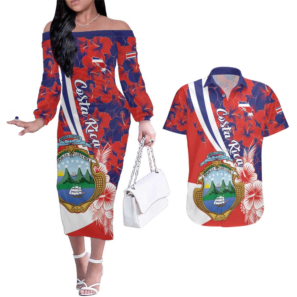 Costa Rica Couples Matching Off The Shoulder Long Sleeve Dress and Hawaiian Shirt Coat of Arms Hibiscus Pattern - Wonder Print Shop