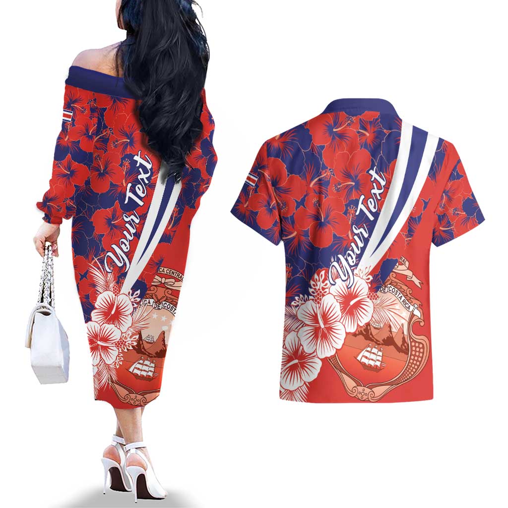 Costa Rica Couples Matching Off The Shoulder Long Sleeve Dress and Hawaiian Shirt Coat of Arms Hibiscus Pattern - Wonder Print Shop