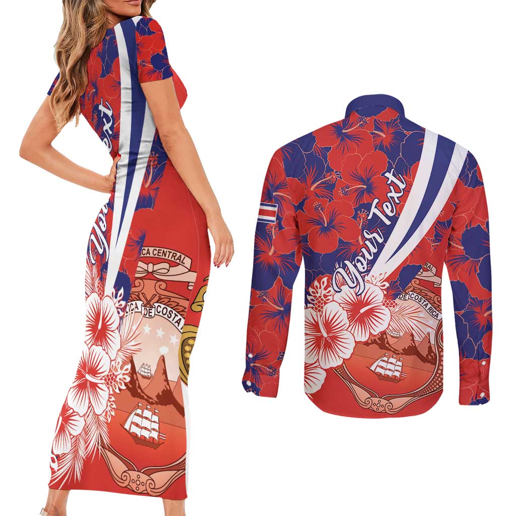 Costa Rica Couples Matching Short Sleeve Bodycon Dress and Long Sleeve Button Shirt Coat of Arms Hibiscus Pattern - Wonder Print Shop