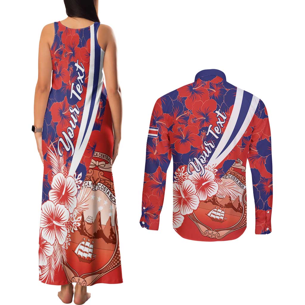 Costa Rica Couples Matching Tank Maxi Dress and Long Sleeve Button Shirt Coat of Arms Hibiscus Pattern - Wonder Print Shop