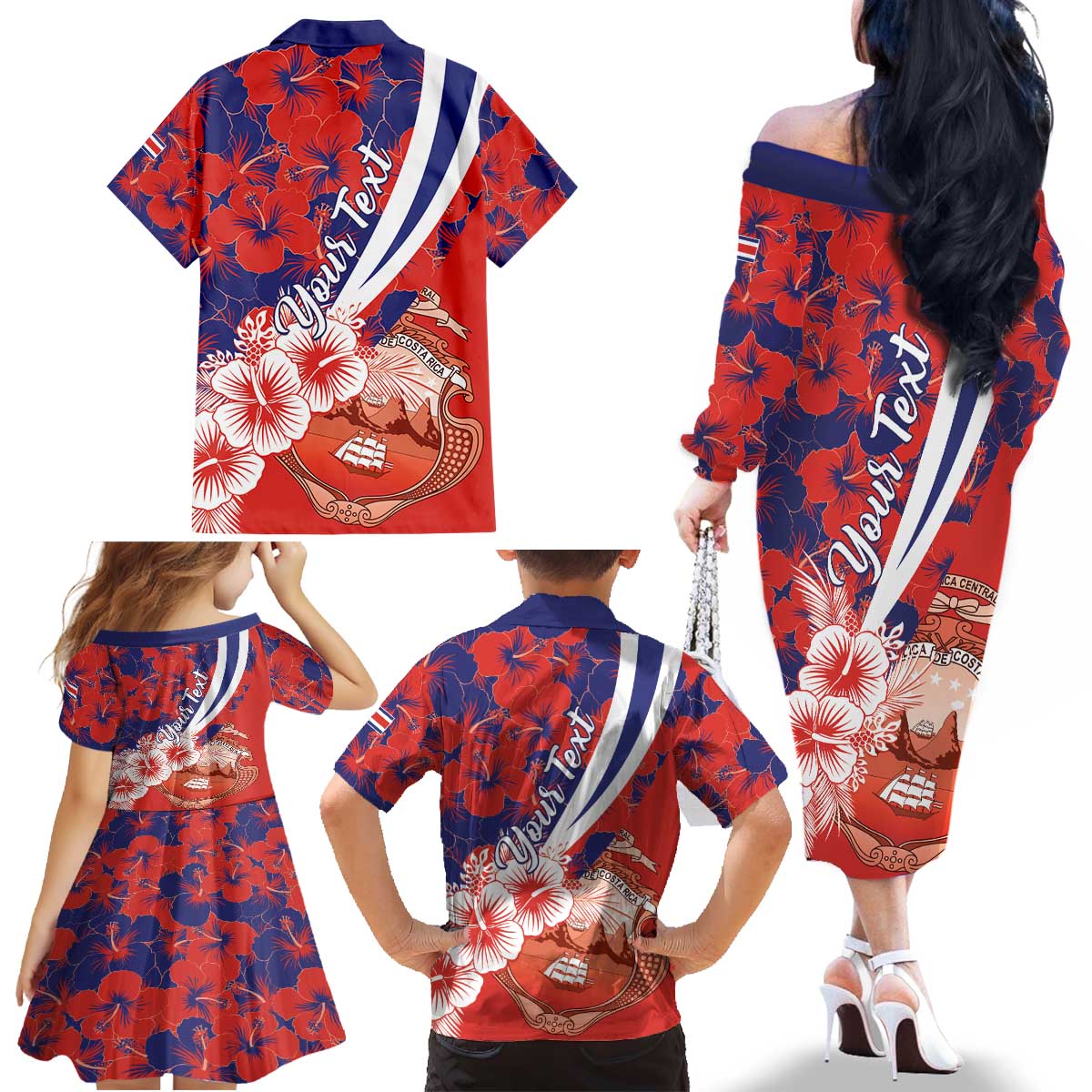 Costa Rica Family Matching Off The Shoulder Long Sleeve Dress and Hawaiian Shirt Coat of Arms Hibiscus Pattern - Wonder Print Shop