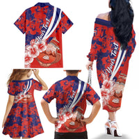 Costa Rica Family Matching Off The Shoulder Long Sleeve Dress and Hawaiian Shirt Coat of Arms Hibiscus Pattern - Wonder Print Shop