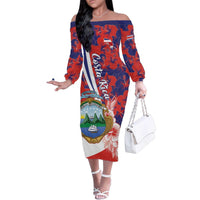 Costa Rica Family Matching Off The Shoulder Long Sleeve Dress and Hawaiian Shirt Coat of Arms Hibiscus Pattern - Wonder Print Shop