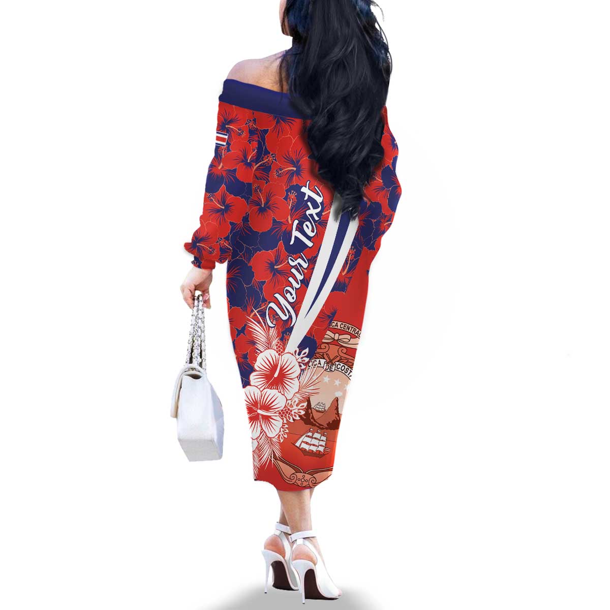 Costa Rica Family Matching Off The Shoulder Long Sleeve Dress and Hawaiian Shirt Coat of Arms Hibiscus Pattern - Wonder Print Shop