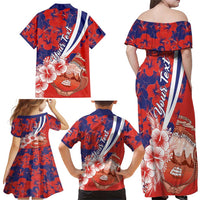 Costa Rica Family Matching Off Shoulder Maxi Dress and Hawaiian Shirt Coat of Arms Hibiscus Pattern - Wonder Print Shop
