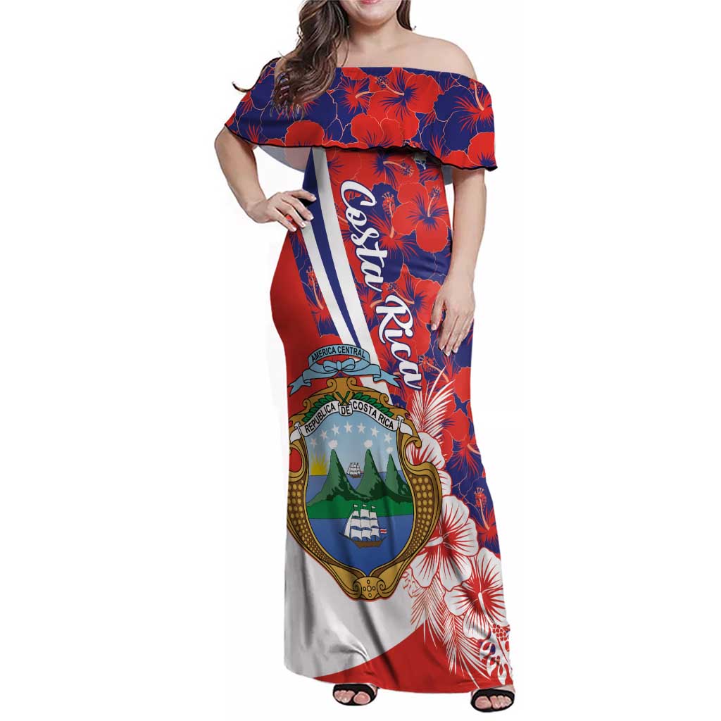 Costa Rica Family Matching Off Shoulder Maxi Dress and Hawaiian Shirt Coat of Arms Hibiscus Pattern - Wonder Print Shop