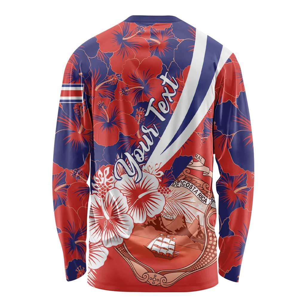 Costa Rica Long Sleeve Shirt Coat of Arms Hibiscus Pattern - Wonder Print Shop