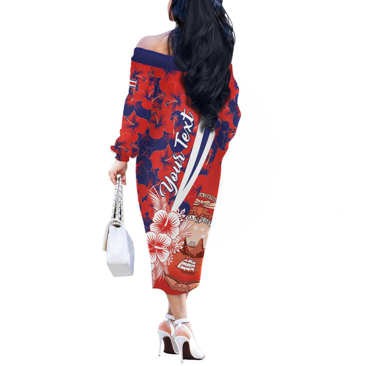 Costa Rica Off The Shoulder Long Sleeve Dress Coat of Arms Hibiscus Pattern - Wonder Print Shop