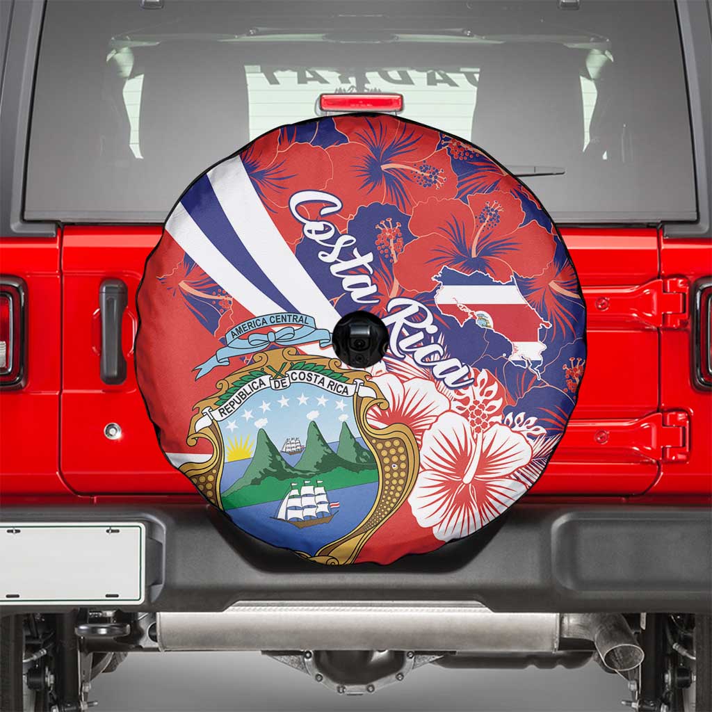 Costa Rica Spare Tire Cover Coat of Arms Hibiscus Pattern - Wonder Print Shop