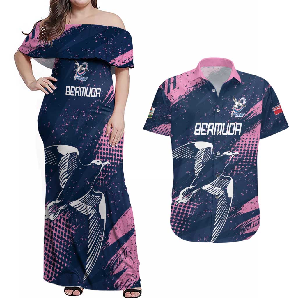 Custom Rugby Bermuda Couples Matching Off Shoulder Maxi Dress and Hawaiian Shirt Our Team Go Champions LT01