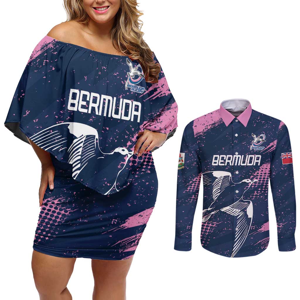 Custom Rugby Bermuda Couples Matching Off Shoulder Short Dress and Long Sleeve Button Shirt Our Team Go Champions - Wonder Print Shop