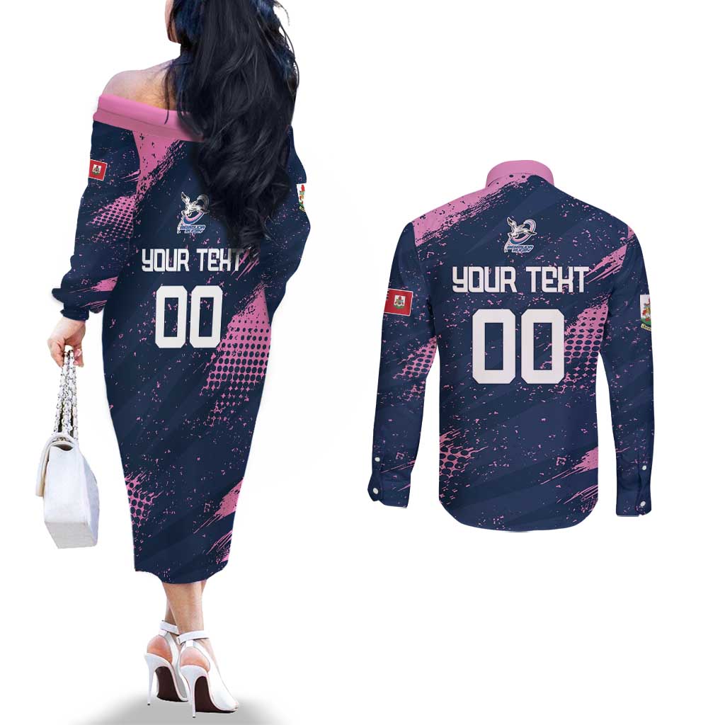Custom Rugby Bermuda Couples Matching Off The Shoulder Long Sleeve Dress and Long Sleeve Button Shirt Our Team Go Champions - Wonder Print Shop