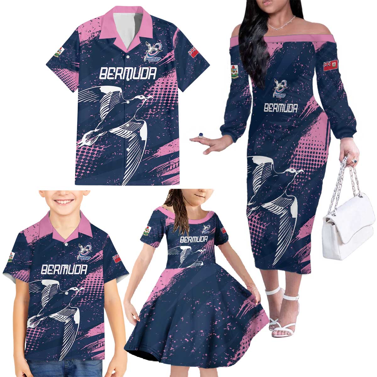 Custom Rugby Bermuda Family Matching Off The Shoulder Long Sleeve Dress and Hawaiian Shirt Our Team Go Champions - Wonder Print Shop