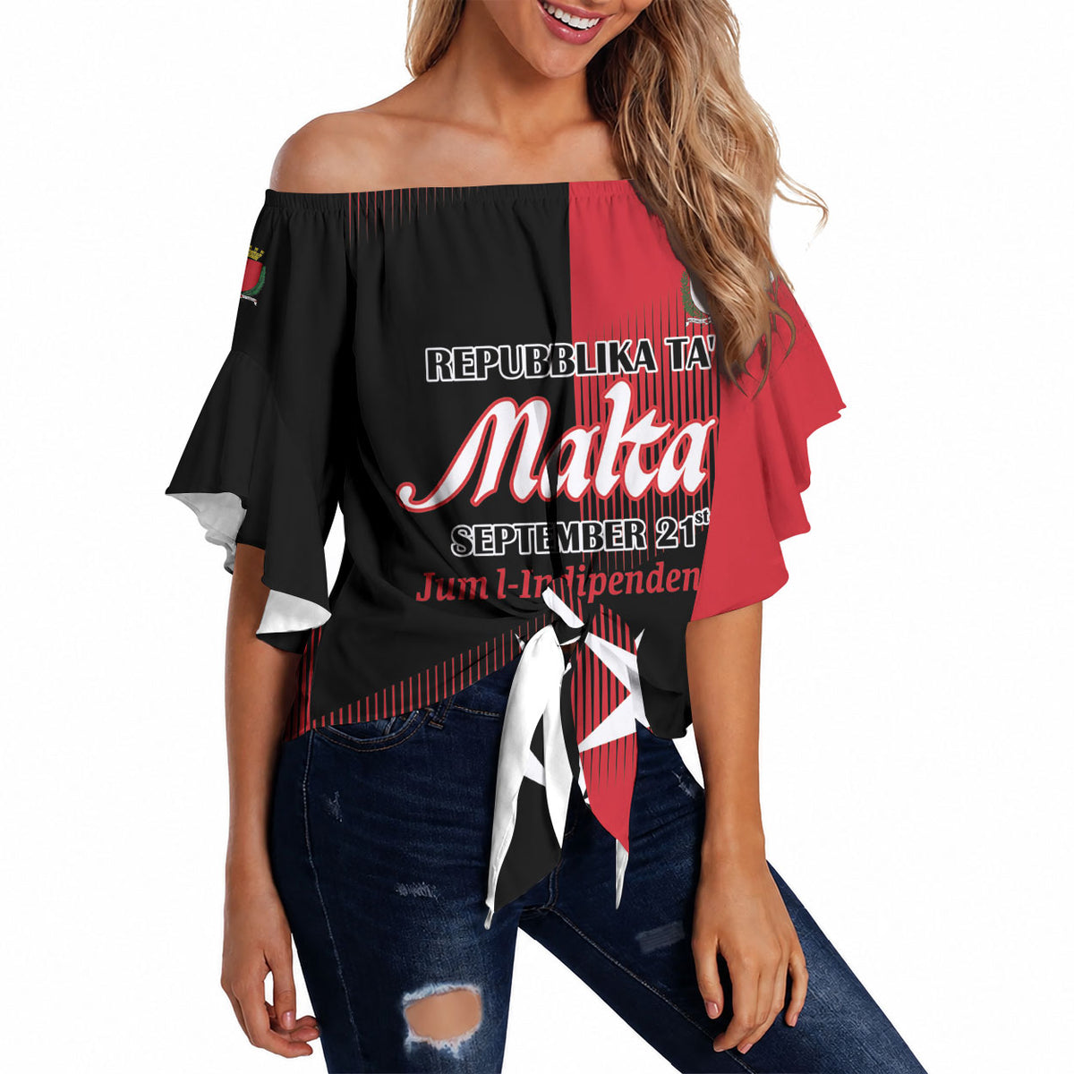 Personalised Malta Jum l-Indipendenza Off Shoulder Wrap Waist Top September 21st