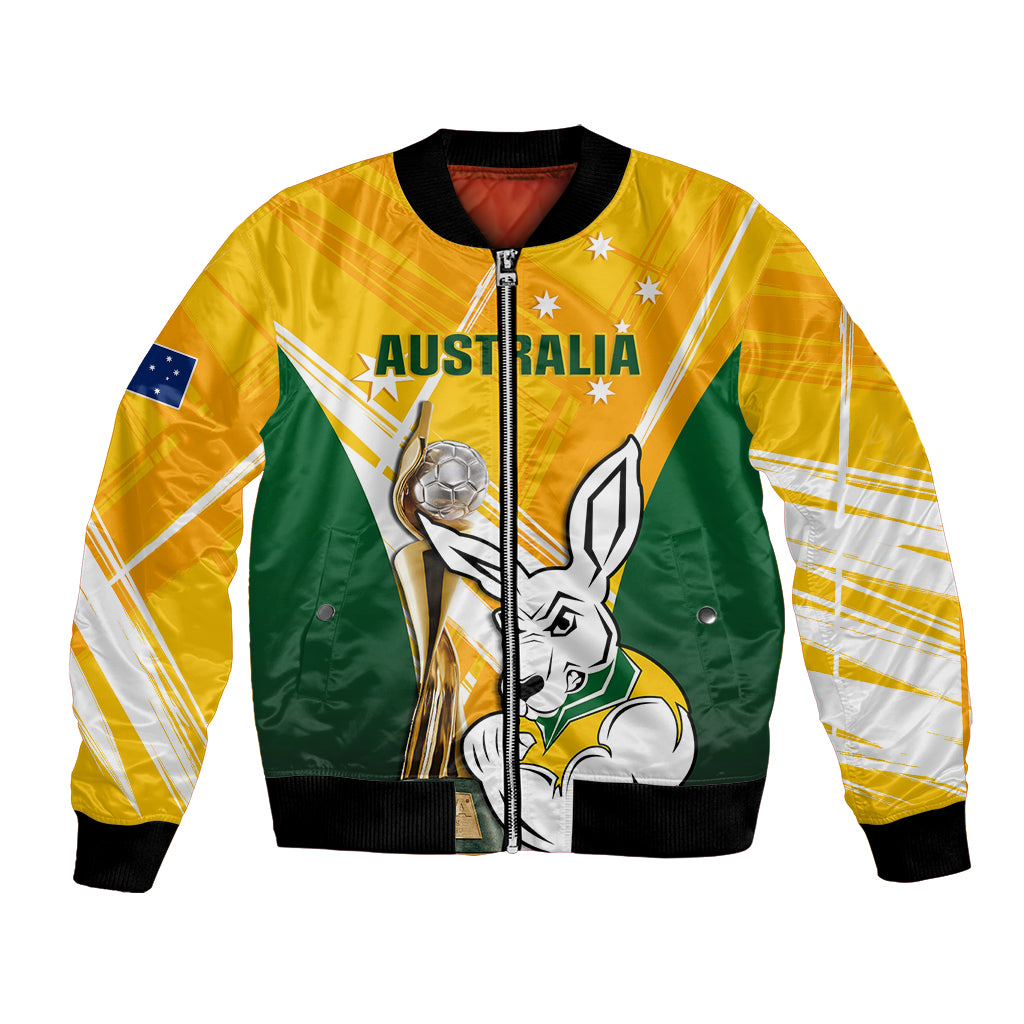 Australia Soccer Bomber Jacket Matildas Kangaroo With World Cup Trophy 2023 Yellow Version - Wonder Print Shop