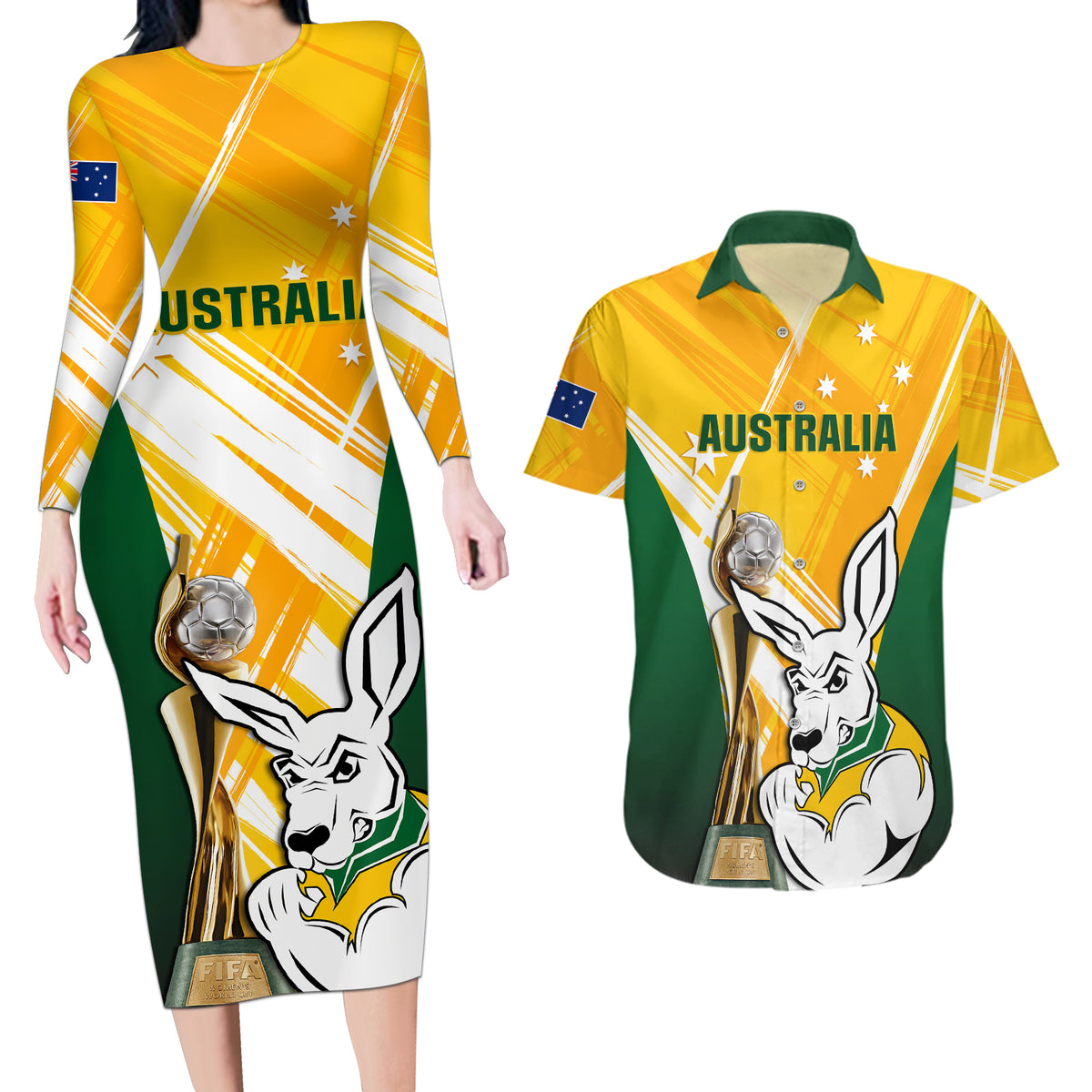 Australia Soccer Couples Matching Long Sleeve Bodycon Dress and Hawaiian Shirt Matildas Kangaroo With World Cup Trophy 2023 Yellow Version - Wonder Print Shop
