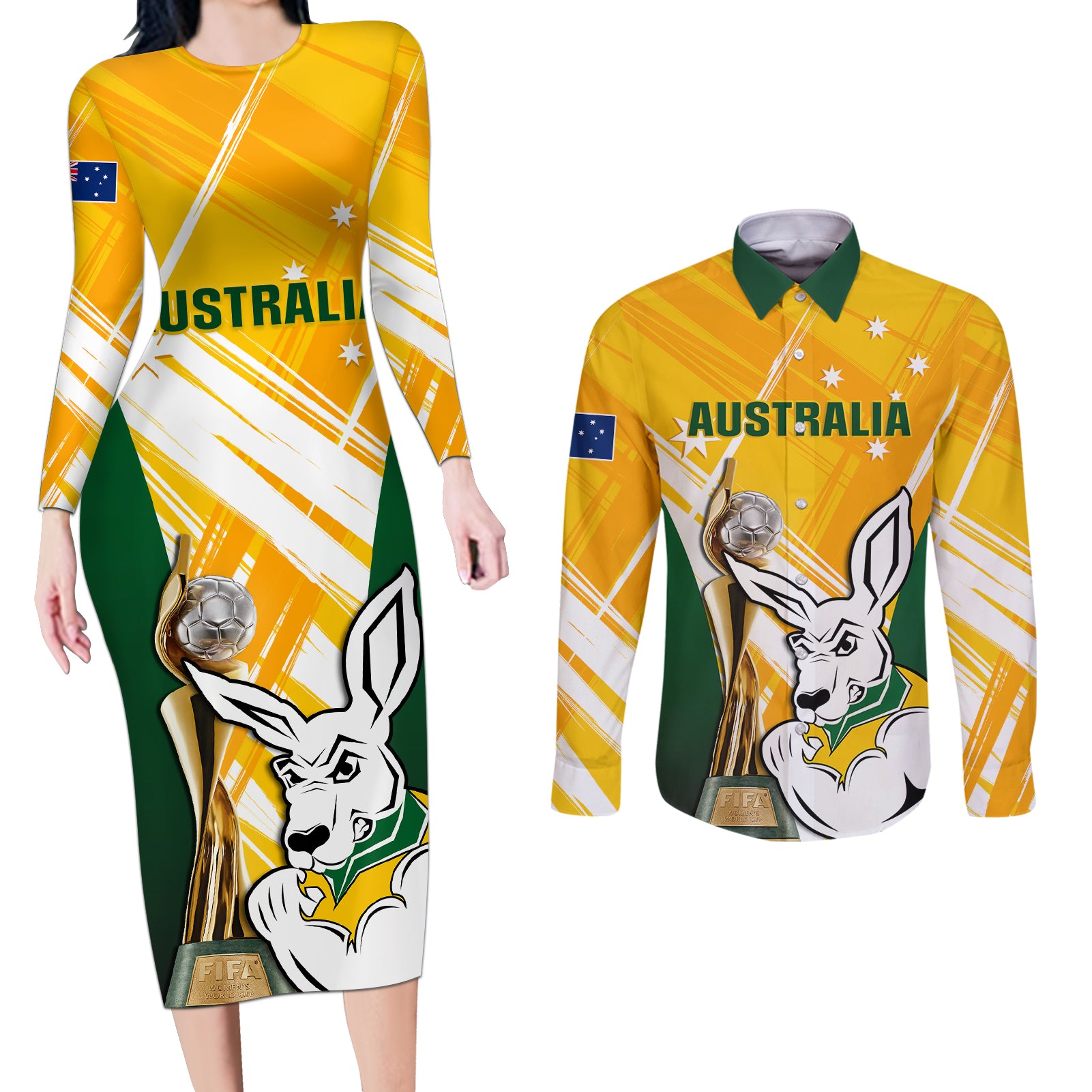 Australia Soccer Couples Matching Long Sleeve Bodycon Dress and Long Sleeve Button Shirts Matildas Kangaroo With World Cup Trophy 2023 Yellow Version - Wonder Print Shop