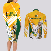 Australia Soccer Couples Matching Long Sleeve Bodycon Dress and Long Sleeve Button Shirts Matildas Kangaroo With World Cup Trophy 2023 Yellow Version - Wonder Print Shop